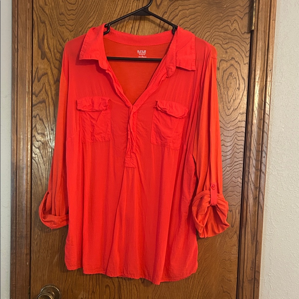Red Blouse with Roll-Up Sleeves